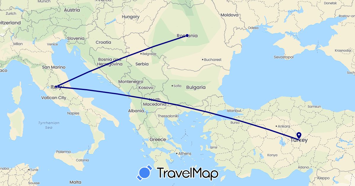TravelMap itinerary: driving in Italy, Romania, Turkey (Asia, Europe)
